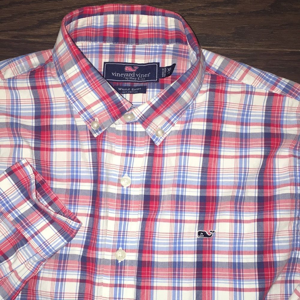 Red White Blue Plaid Tartan Check Vineyard Vines Whale Youth Kids cotton shirt